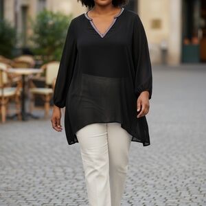 Elegant ZAC & RACHEL WOMAN Black Sequined Top Long Sleeve Polyester Sheer 3XL